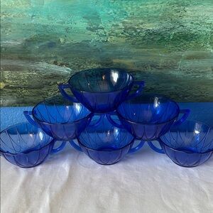 6 vintage Hazel-Atlas Newport "Hairpin" cobalt blue soup/ dessert bowl